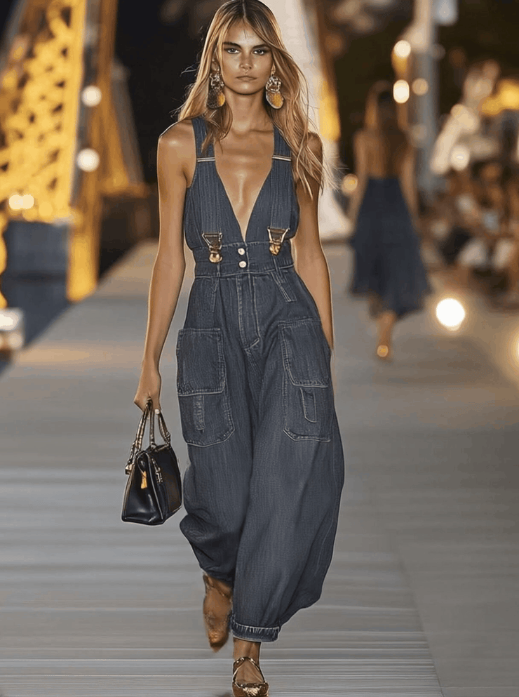 Fashion Personality Loose V-neck Suspender Denim Jumpsuit