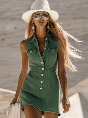 Fashion Vintage Green Denim Sleeveless Shirt Style Spring/Summer Mini Dress