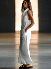 Casual Loose Retro White Breathable Linen Sleeveless Wide Leg Pants Jumpsuit