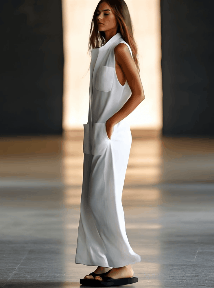 Casual Loose Retro White Breathable Linen Sleeveless Wide Leg Pants Jumpsuit