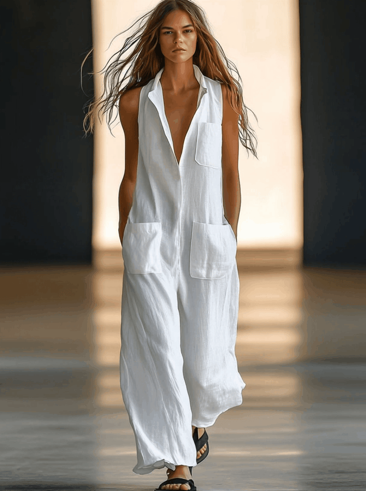 Casual Loose Retro White Breathable Linen Sleeveless Wide Leg Pants Jumpsuit