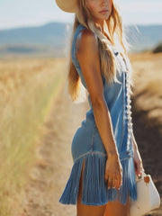 Casual Vintage Blue Denim V-Neck Tie Sleeveless Tassel Mini Dress