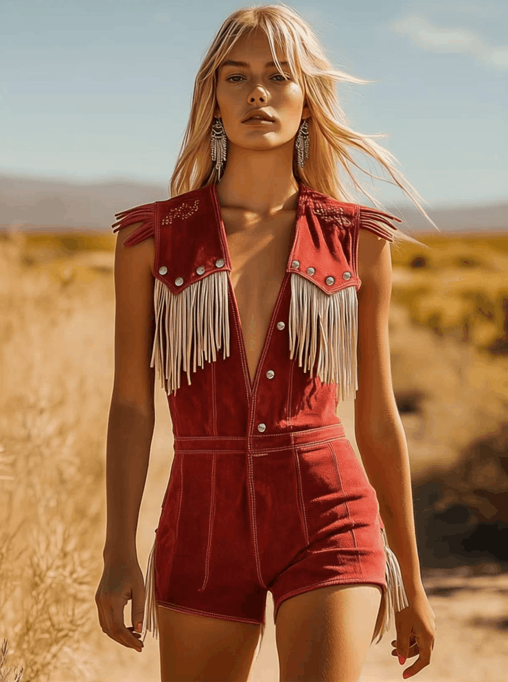 Western Cowboy Style Red Suede Silver Button Beige Tassel Jumpsuit