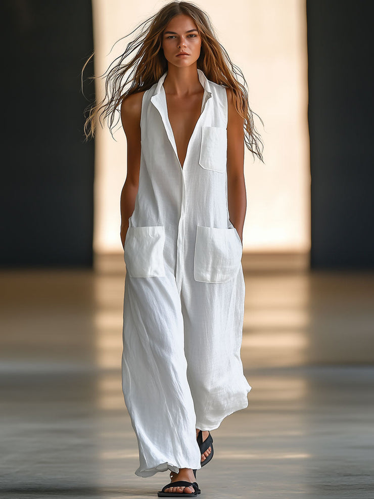 Casual Loose Retro White Breathable Linen Sleeveless Wide Leg Pants Jumpsuit