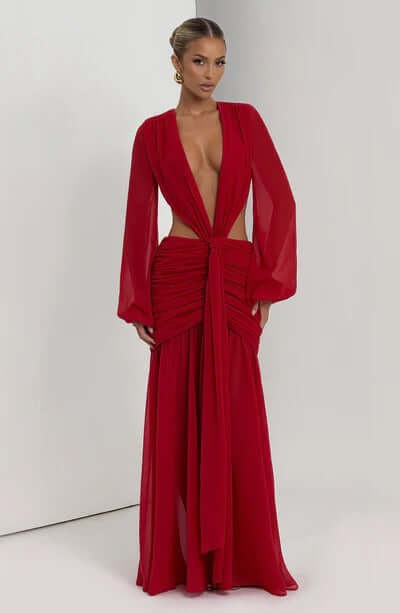 Andrina Maxi Dress Red side view ruched hip panel