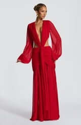 Andrina Maxi Dress Red full length semi-sheer skirt