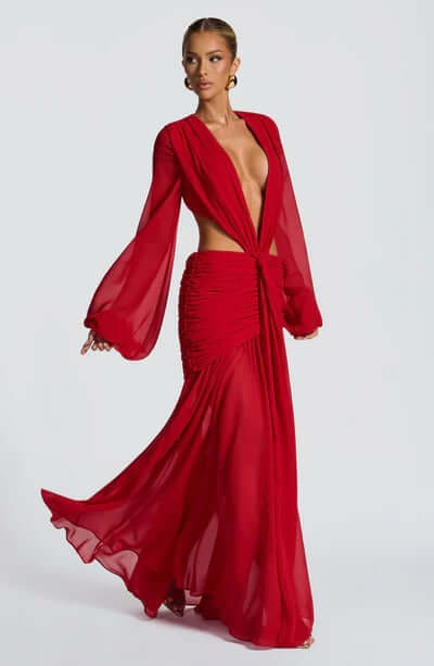 Andrina Maxi Dress Red front view chiffon evening gown