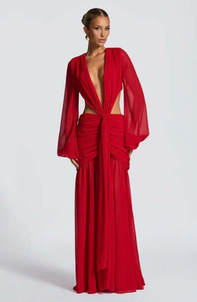 Andrina Maxi Dress Red full length semi-sheer skirt